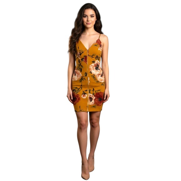 Haute Monde Dresses & Skirts - Haute Monde Mustard Yellow Floral Party 90's Wedding Guest Bodycon Mini Dress L